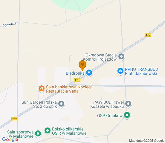 Mapa dojazdu do warsztatu samochodowego w miejscowości Malanów